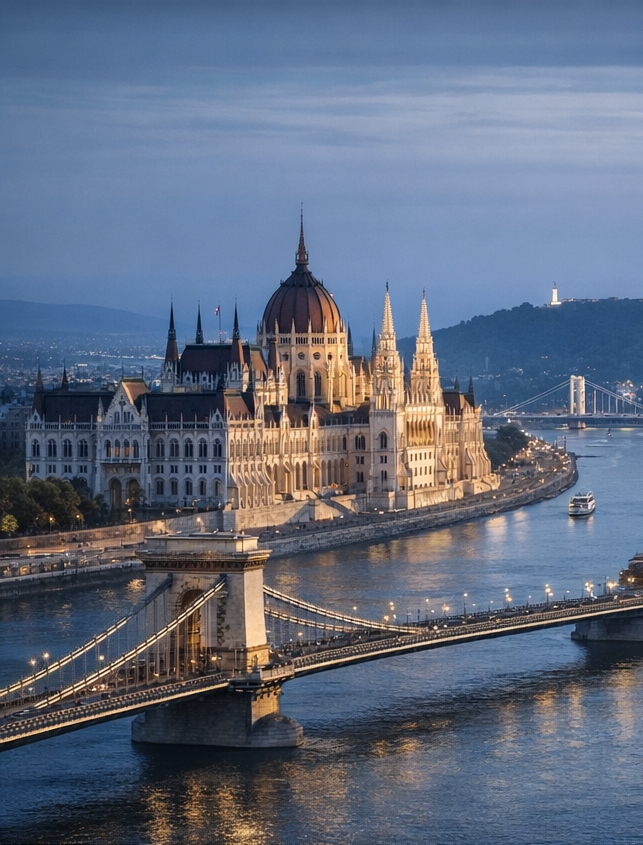 Budapest Parliament Building and Chain Bridge at dusk